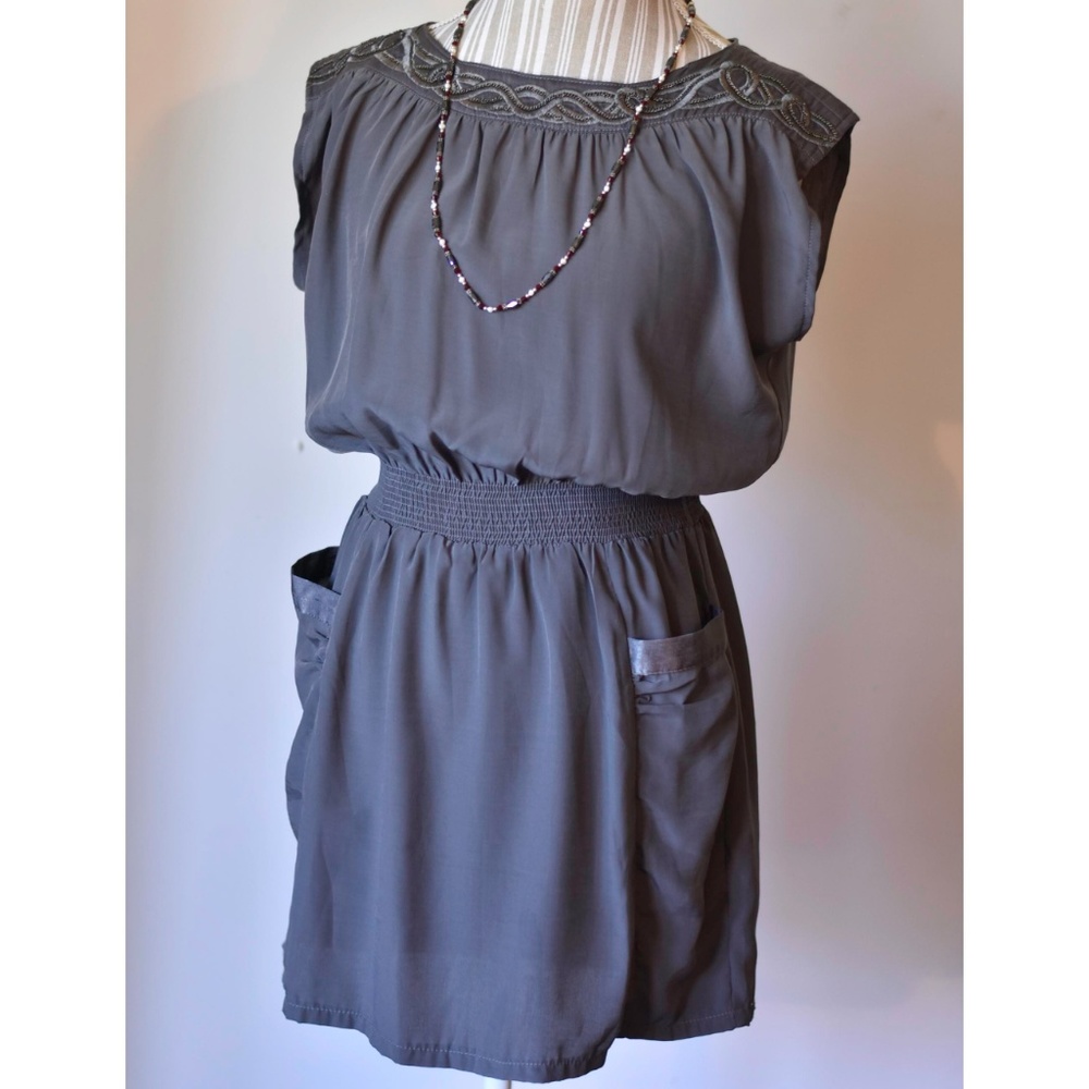 Ya Los Angeles Embroidered Neckline Gray Dress EUC